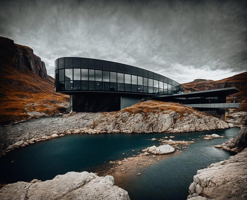 02063-140228231-creative composition, fisheye shot, arafed view of a building on a cliff with a river below, a matte painting by mads berg, flic.jpg